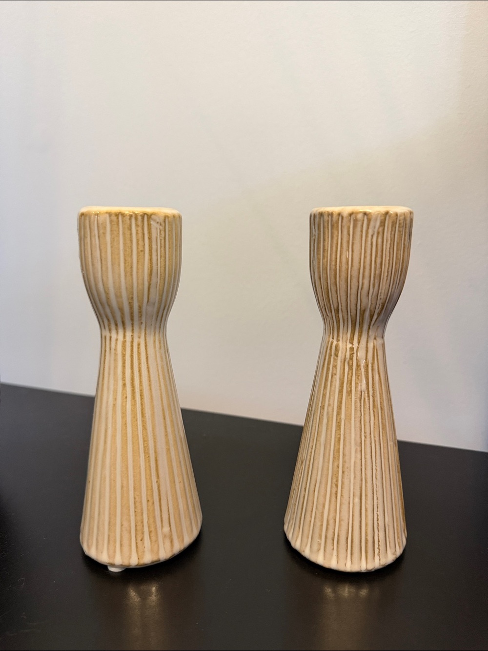 Ceramic Ribbed Double Candle Holders — Cream